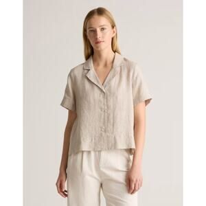 Quince 100% Linen Notch Collared Button Up Shirt Short Sleeve Beige Women Large